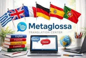 Λογότυπο Metaglossa Translation Center με σημαίες Ελλάδας, Ηνωμένου Βασιλείου, Γαλλίας, Γερμανίας, Ισπανίας, Πορτογαλίας και ξενόγλωσσα βιβλία.